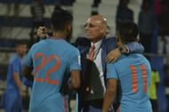 Constantine celebrating with his players after the 1-0 win over the Kyrgyz Republic